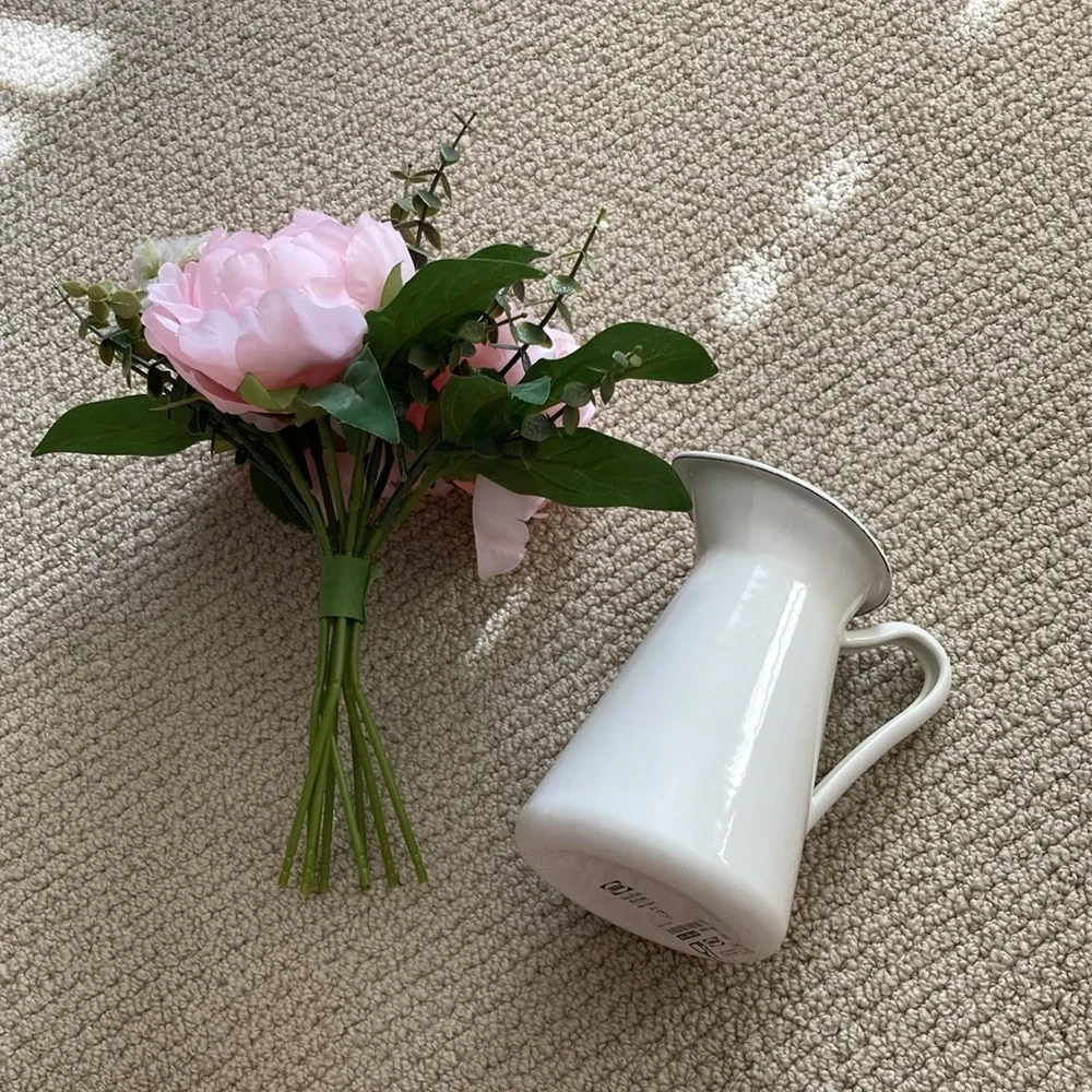 IKEA Faux Pink Flower Bouquet with Farmstyle Pitcher Vase Cream Center Piece
